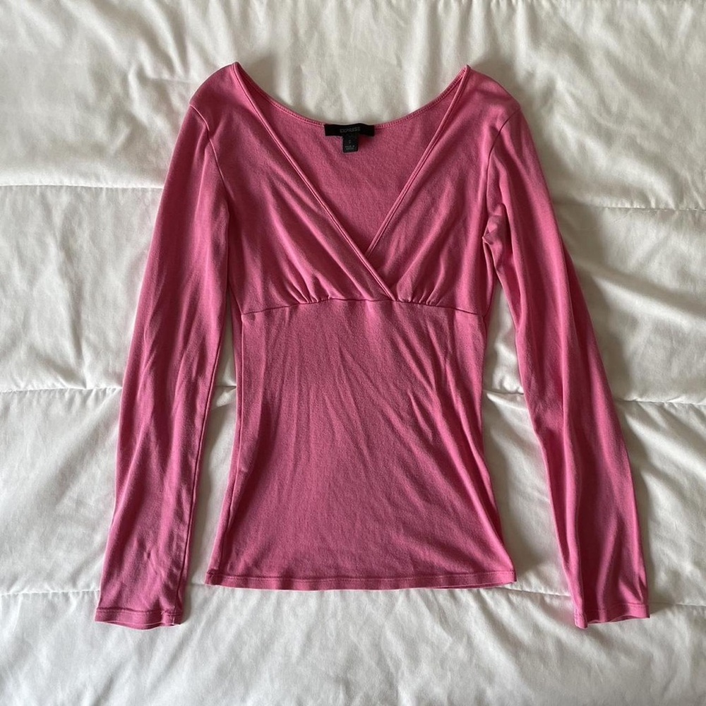 Express Pink Long Sleeve V-Neck Blouse